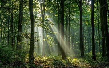 Fototapeta premium A serene forest with towering trees and sun rays filtering through the leaves