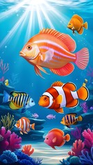 A vivid underwater world with glowing fish, colorful coral, and magical sunlight filtering through serene waters.