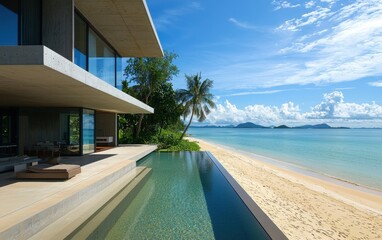 Fototapeta premium A modern coastal home with sleek concrete and glass materials, overlooking a sandy beach, with a spacious deck and infinity pool