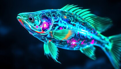 Glowing Fish with Intricate Circuitry Design on a Dark Background