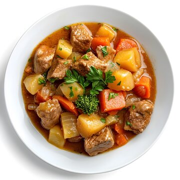 Beuschel (Veal Stew with Vegetables) in a Hearty Serving, Top-Down View, Isolated on White Background