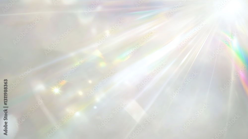 Poster Iridescent white background with rainbow light rays and prismatic lens flare. Soft-focus bokeh effect creating a dreamy and ethereal atmosphere with chromatic aberration and blurred textures.