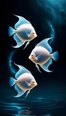 Luminous discus fish glide in a surreal, glowing abyss, surrounded by ethereal light and nebula-like particles.