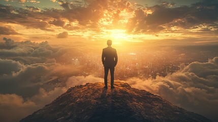 Visionary leader standing at the edge of a cliff, overlooking a futuristic city, symbolizing bold decision-making and strategic foresight, dramatic lighting