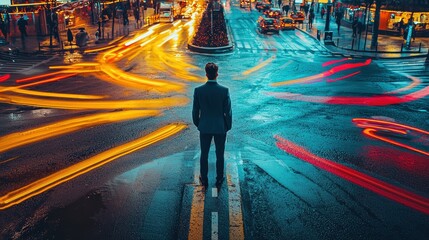 CEO standing at a crossroads, facing multiple futuristic paths, metaphor for tough decision-making in leadership, neon cyberpunk vibes, cinematic perspective
