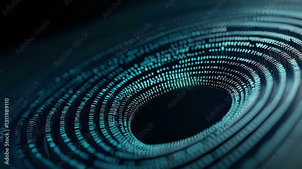 Poster futuristic digital vortex with glowing binary code spiral pattern in dark blue and cyan colors formi