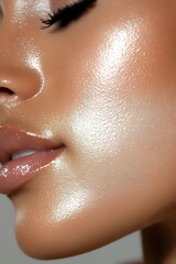 Close-up of glowing, dewy skin showing luminous highlighting effect on dark complexion with glossy nude lips and long eyelashes, showcasing modern beauty trends.
