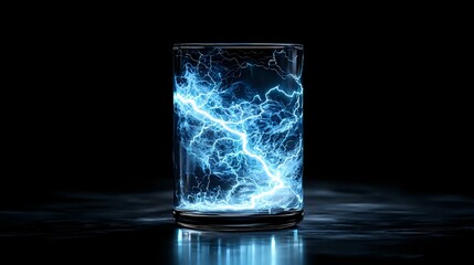 Glowing electric lightning trapped in glass cylinder creates dramatic blue energy effect against dark background, science concept visualization.