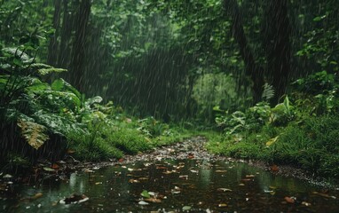 Obraz premium A peaceful rainstorm in a forest clearing, with droplets falling on the ground and forming tiny pools
