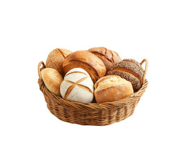 
wooden Basket with assorted bread isolated on White background

