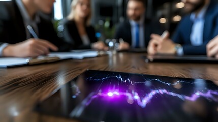 Naklejka premium Business team analyzing glowing purple financial chart on dark wooden conference table during corporate meeting, with professionals discussing market data.
