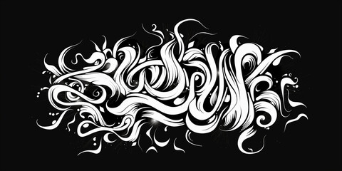 Fototapeta premium Elegant black and white illustration of swirling flames and flowing lines on a dark background 