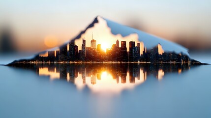Fototapeta premium Mountain silhouette reveals urban cityscape with skyscrapers reflected in calm water at sunset, double exposure effect creates dreamy mirror landscape view.