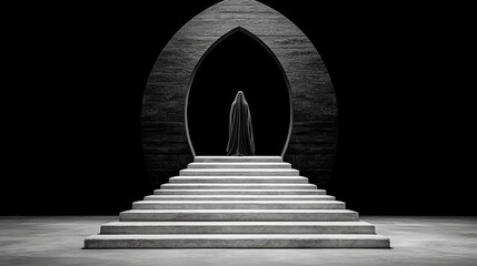 Fototapeta premium Mysterious Figure in Dark Space with Archway and Steps Leading to an Unknown Destination