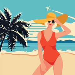 Poster In Retro Style Girl On The Beach. Illustration of Woman in red swimsuit with sunglasses. Vector