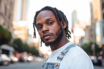 Fototapeta premium Urban Portrait: A confident young man with dreadlocks, confidently gazes at the camera, set against the backdrop of a bustling city street. Capturing the essence of urban life and contemporary style.