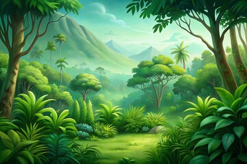 Lush Jungle Landscape with Mist and Distant Mountains