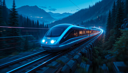 Obraz premium High-speed futuristic train traveling at night