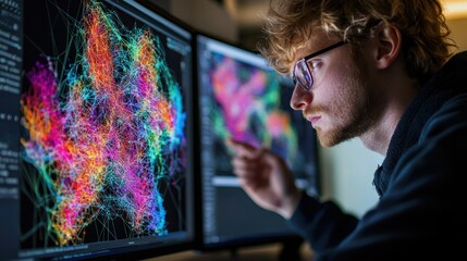 A theoretical physicist working on a digital model of string theory, visualized as colorful, interconnected shapes.