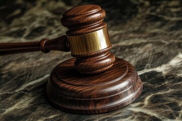 Obraz premium Majestic Wooden Gavel on Dark Marble Surface with Dramatic Lighting Representing Justice and Legal Authority in Modern Courtroom