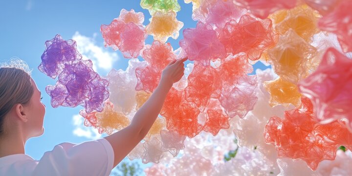 A theoretical physicist analyzes a digital model of string theory, visualized with vibrant, interconnected shapes and patterns. - Powered by Adobe