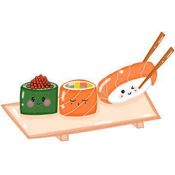 Hand drawn illustration set of sushi and sushi geta