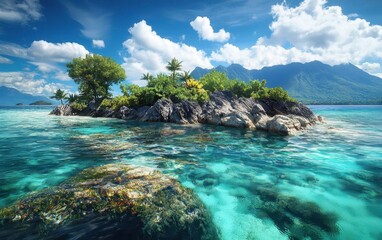 A remote island with jagged rocks, crystal-clear water, and vibrant tropical vegetation