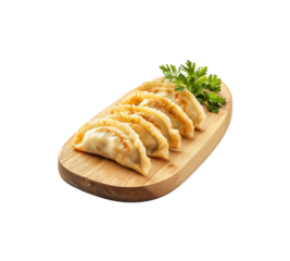 
deep fried dumpling on the wooden dim sum basket isolated on white background