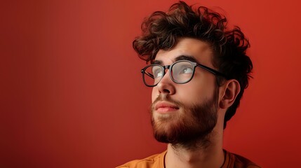 Fototapeta premium Young Caucasian man with curly dark hair, glasses and red beard looking up thoughtfully against red background, modern hipster style portrait for business and lifestyle concepts.