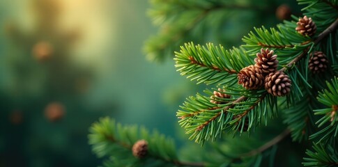 Fototapeta premium Dense fir branches adorned with pinecones on a soft, blurry bokeh, dense, bokeh, decorative