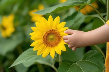 Fototapeta premium Toddler's Hand Gently Touching Vibrant Yellow Sunflower In A Lush Green Field