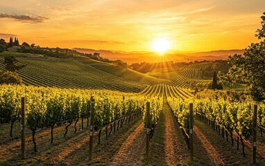 Fototapeta premium A rolling vineyard under a golden sunset, with rows of grapevines stretching out into the distance