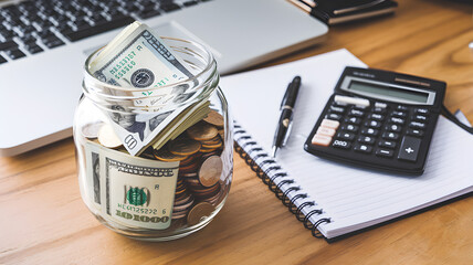 Fototapeta premium A clear glass jar filled with cash and coins sits on a wooden desk beside a calculator and notebook