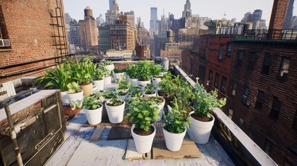 Urban rooftop garden, city view, planting, growing