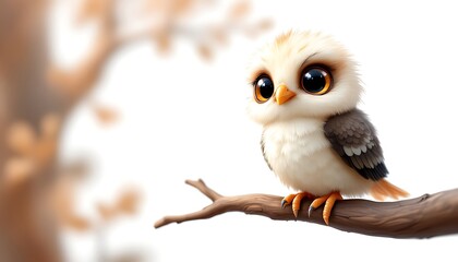 Obraz premium Cute Cartoon Owl Perched on Branch with Big Eyes Adorable Creature
