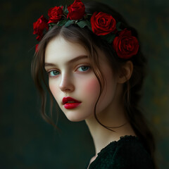 Naklejka premium Ethereal Portrait of a Young Woman with Red Floral Headpiece