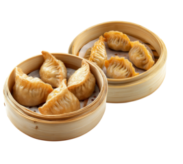 
deep fried dumpling on the wooden dim sum basket isolated on white background