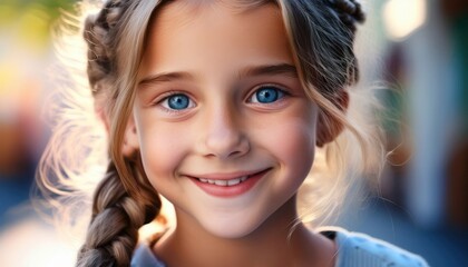 Fototapeta premium A young girl smiles brightly with braided hair and blue eyes reflecting her colorful surroundings.