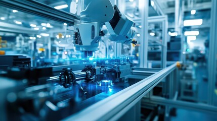Fototapeta premium Smart Manufacturing Facility with Robotic Arms and AI-Controlled Assembly Line in Blue-Tinted Industrial Setting