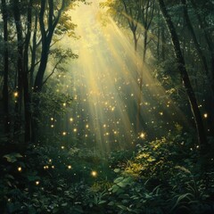 Obraz premium golden rays cascade through verdant tapestry of a lush woodland, casting ethereal patterns of luminescence upon enchanted forest floor