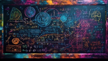 A chalkboard shows bright equations and imaginative drawings, creating an engaging learning space.