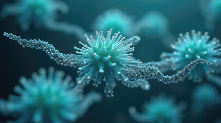 Microscopic view showing viruses in vivid colors engaging with surrounding cells. The intricate details highlight the complex dynamics at a cellular level during infection