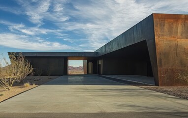 A sleek home with angular walls and large open spaces, situated in the heart of a desert landscape with distant sand dunes and bright blue skies