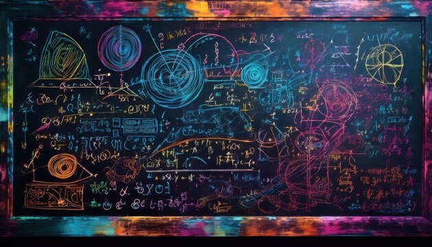 A chalkboard shows bright equations and imaginative drawings, creating an engaging learning space.