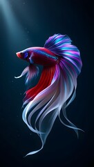 A celestial betta fish with glowing, flowing fins dances gracefully in a mystical, dreamlike darkness.