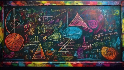 Colorful chalk artwork displays complex mathematical sketches and playful doodles on a blackboard.