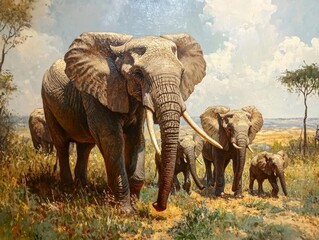 Fototapeta premium Elephant family standing close in African savanna, symbolizing wildlife conservation