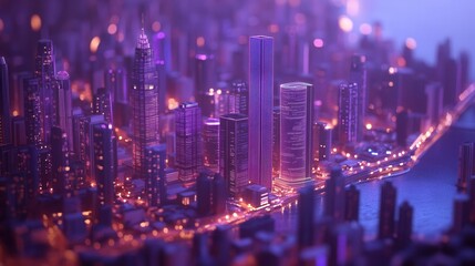 Obraz premium Futuristic Digital Twin Smart City Visualization with Neural Networks and Holographic Data Streams in Deep Blue and Purple Tones