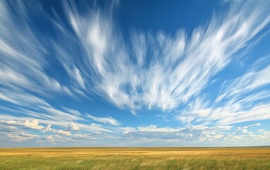 Obraz premium A sky filled with fast-moving clouds, driven by strong winds, over a vast open field