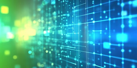 A mesmerizing kaleidoscope of blues and greens forms an intricate lattice of intersecting lines and scattered dots on a captivating abstract digital canvas